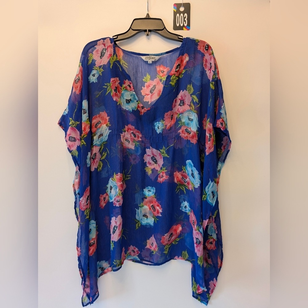 Blue Floral Chiffon Beach Coverup Sheer Kimono Blouse L Coastal Cover Up Coastal
